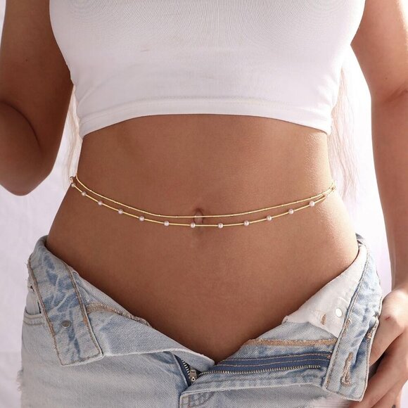 14K Gold Plated Body Chains Dainty Boho Layered Beach Waist Chain Adjustable Bik - Picture 4 of 9